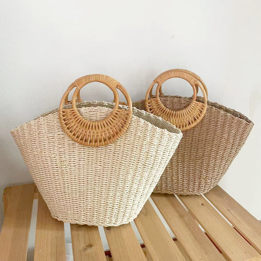 Wooden Handle Straw Handbag*